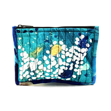 A blue patterned pouch with a black zipper.