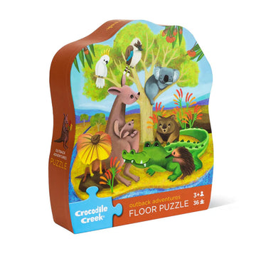 A puzzle box with an illustration of Australian animals hanging out by a tree. Some animals include a koala, kangaroo, kookaburra and crocodile.