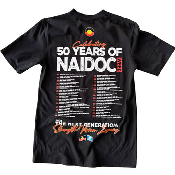 Front view of a kids black t shirt with the text 'The Next Generation Strength Vision Legacy' written in the top right.