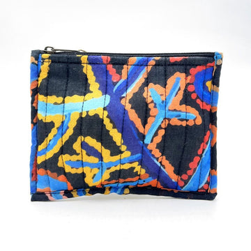 Colorful patterned pouch with a zipper on a white background.