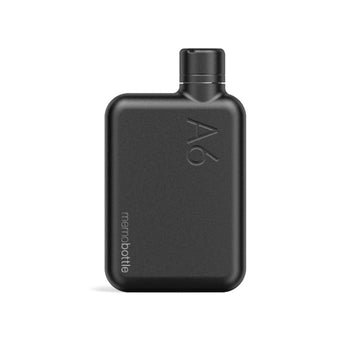 A flat black bottle with the text 'A6' on the top right corner.