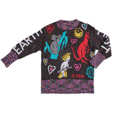 Front view of a black knitted sweater illustrated with a koala, kangaroo and cockatoo surrounded by hearts and peace symbols.