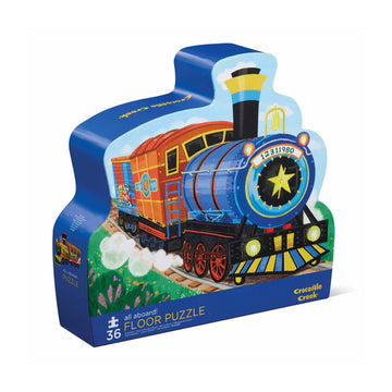 A shaped puzzle box with an illustration of a train on the front.