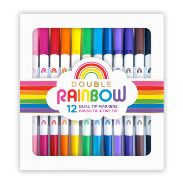 Double Rainbow 12 dual tip markers packaging with colorful markers and rainbow design.