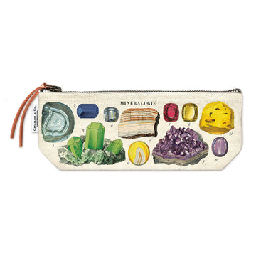A long pouch illustrated with different minerals and a zip along the top.