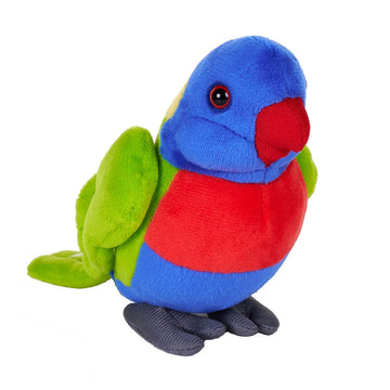 A rainbow lorikeet soft toy in a sitting position. 