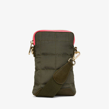 A phone shaped bag in a khaki quilted pattern.