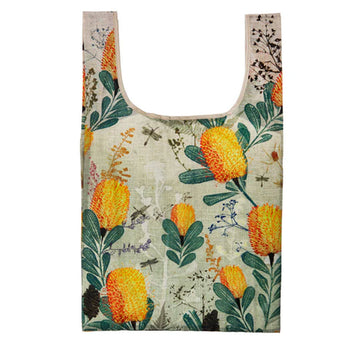 Reusable shopping bag with floral design on a white background.