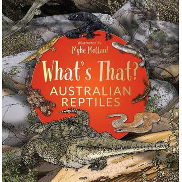 A red circle with the title printed in light yellow with pictures of reptile animals.