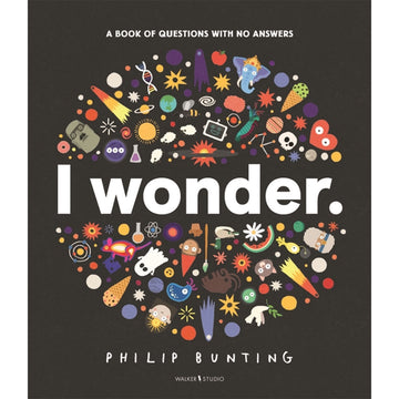 'I Wonder: A Book of Questions with No Answers' book cover featuring a series of illustrated symbols in a circle including animals, science symbols and food on a black background.