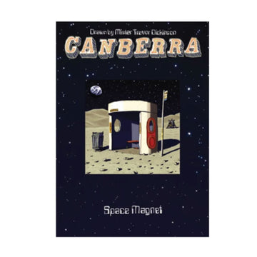 A magnet with an illustration by Trevor Dickinson of a Canberra bus shelter on the moon.