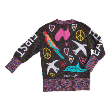 Front view of a black knitted sweater illustrated with a koala, kangaroo and cockatoo surrounded by hearts and peace symbols.