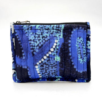 Blue patterned pouch with a zipper on a white background.