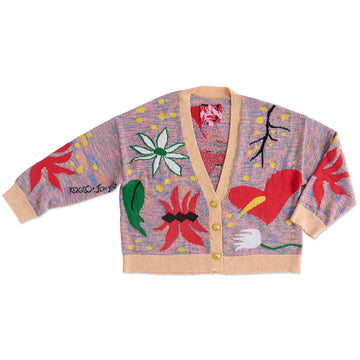 Front view of a knitted cardigan with floral and heart motifs.