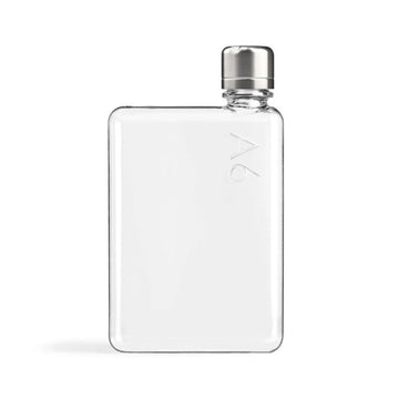 A clear flat water bottle with A6 written in the top corner.