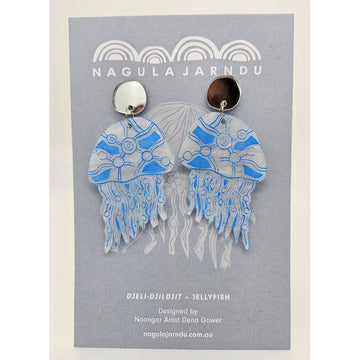 Jellyfish-shaped earrings on a 'Nagula Jarndu' branded card.