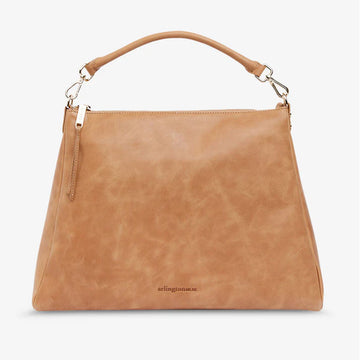 A tan bag with a matching short strap and zip along the top.