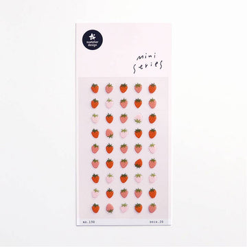 A sticker sheet with tiny strawberry stickers in shades of red and pink.