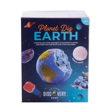 A box titled 'Planet Dig Earth' with a picture of a Earth shaped rock smashed in with gem stones floating around it.