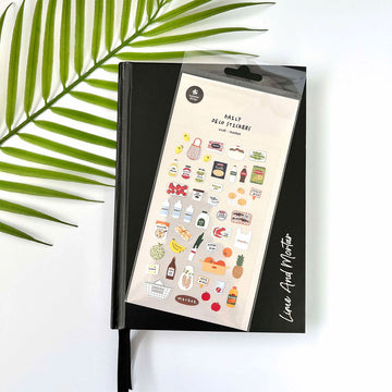 A sticker sheet with small stickers of market foods like fruits, sweets and drinks.