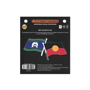 A sticker of both the Aboriginal and Torres Strait Islander flags on a black information card.