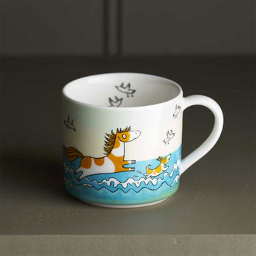A child's mug with an illustration of a pong in water.
