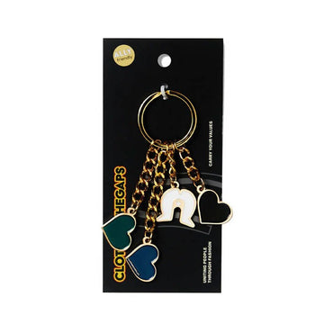 A keyring with four charms attached to a black card.