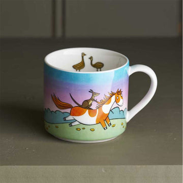 A child's mug with an illustration of a kangaroo riding a pony.