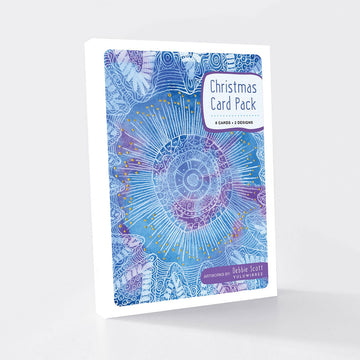Christmas card pack with blue and purple artwork by Debbie Scott on a white background.