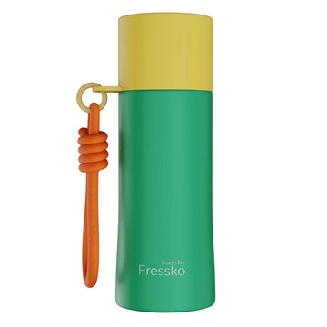 Green water bottle with yellow cap and orange handle on a white background.