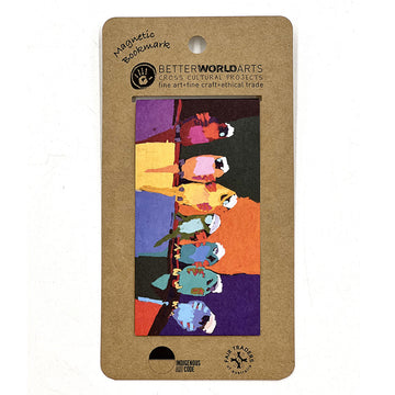 A magnetic bookmark printed with artwork by Karen Barnes attached to a brown card.