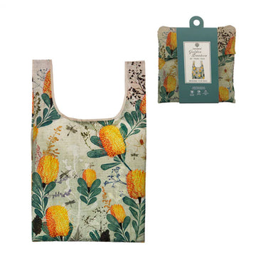 Reusable shopping bag with floral design on a white background.