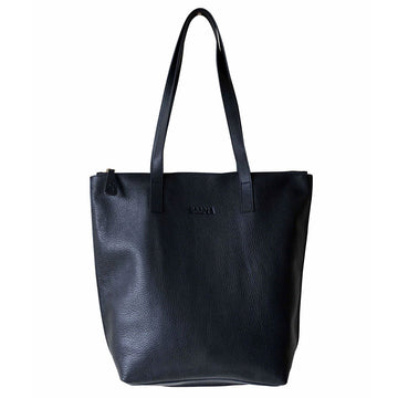 Front view of a black tote bag with a zip along the top.