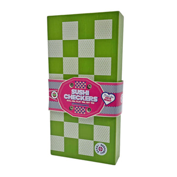A green and white checkers board folded in half with a product label titled 'Sushi Checkers' around it.