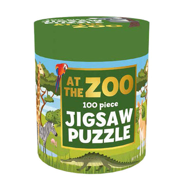 A green cylinder container with the heading 'At the Zoo 100 piece Jigsaw Puzzle' on the front with illustrations of zoo animals.