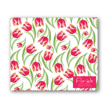 A lens cloth printed with red tulips.