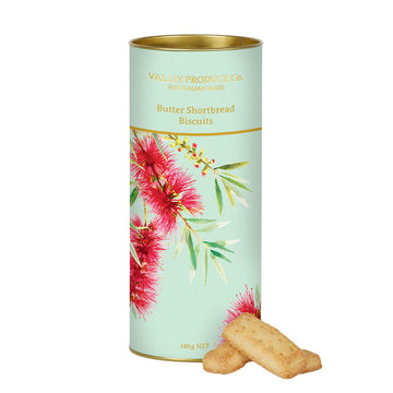 A tube with the heading 'Butter Shortbread Biscuits' and illustrations of bottlebrush flowers. There are a few biscuits in front of the tube.