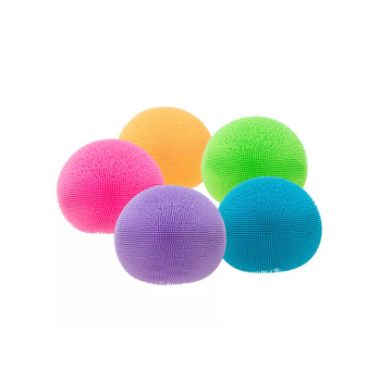 A cube box with the heading 'Nee Doh Fuzz Ball' and a cut out showing the blue squish ball inside.