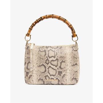 Front view of a bag with a top zipper and a snake texture with a round bamboo handle.