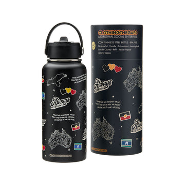 Black water bottle with 'Always' text and Indigenous symbols with a matching cylindrical packaging on a white background.