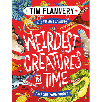'Weirdest Creatures in Time' book cover featuring a red background with illustrations of dinosaurs and lizards around the border.