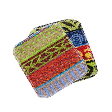 Two square shaped cloths printed with colourful designs.