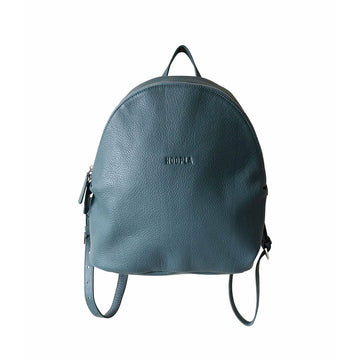 A teal leather backpack on a white background.