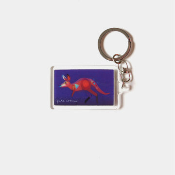 A rectangle keyring with a moving image of a kangaroo jumping against a purple background.