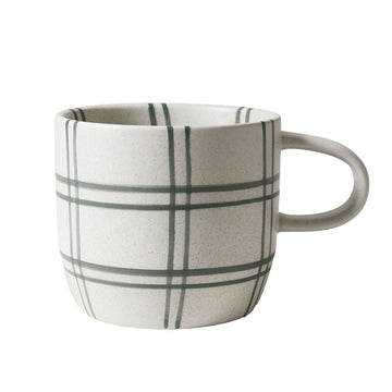 Ceramic mug with green stripe pattern on a white background.