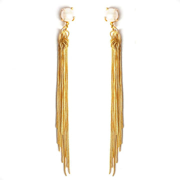 A [air of drop stud earrings with a pearl at the top and strands of fine gold chains hanging off the pearl.