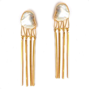 A pair of stud drop earrings with an irregular shaped pearl at the top with gold strands hanging below.