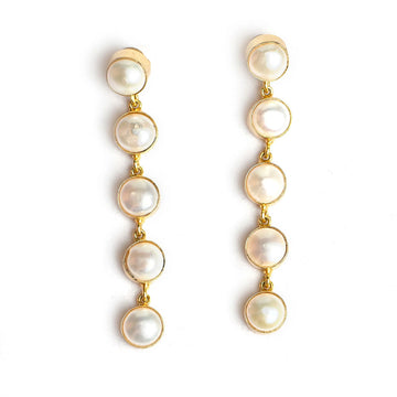 A pair of drop stud earrings featuring five bevel set pearls linked together.