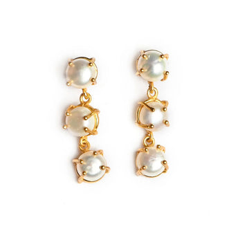 A pair of drop earrings featuring three round pearls in claw settings linked together.