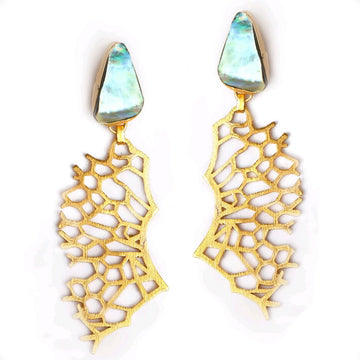 A pair of stud drop images with a abalone stone at the top and gold coral shaped pieces hanging below.